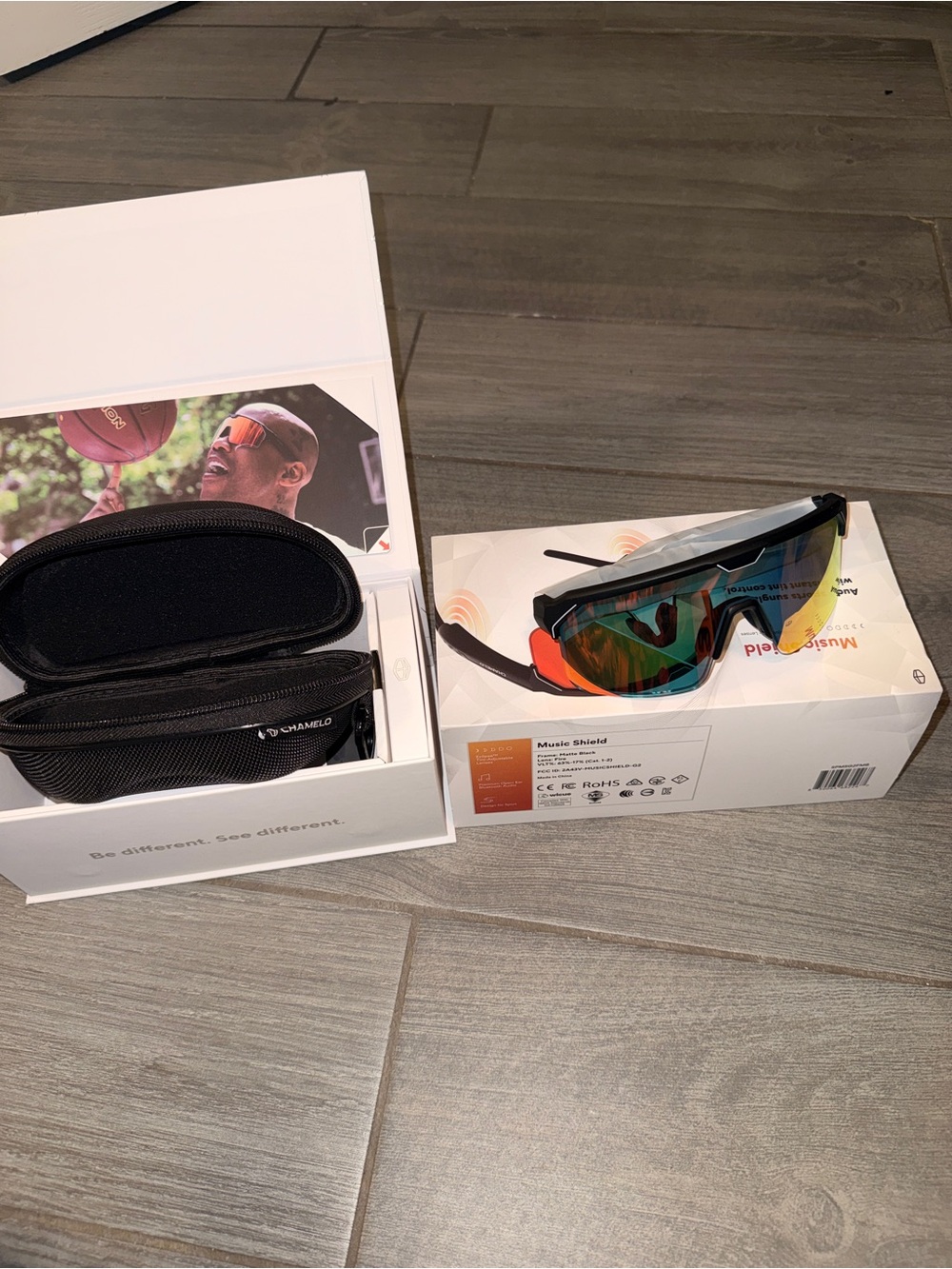 Chamelo Music Shield Smart Audio Sunglasses Fire Lens Matte Black NIB - Picture 2 of 9